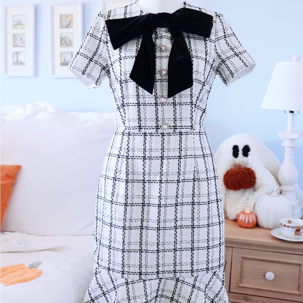 Ivy City Co Black & White Tweed Midi Dress with Velvet Bow